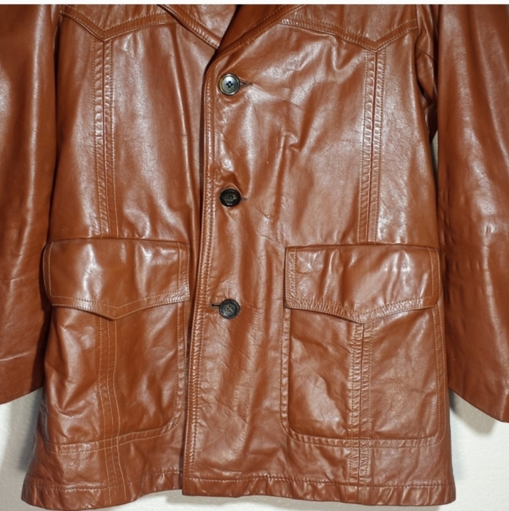 Vintage Leather William Barry 70s Wide Lapel Western Yoke Chocolate Brown Coat L - Picture 3 of 12
